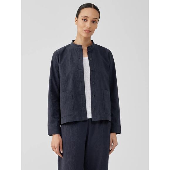 Eileen Fisher Sz XS Organic Cotton Pucker Shirt Jacket Navy Blue -GREAT! WORN 1x - Picture 1 of 9